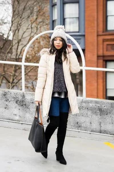 White Long Down Coat with Heather Grey Sweater & Thigh High Boots