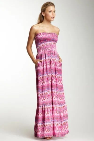 Pink Tribal Printed Strapless Gathered Waist Maxi Dress