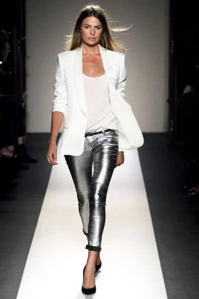 White Blazer with Silver Metallic Leggings