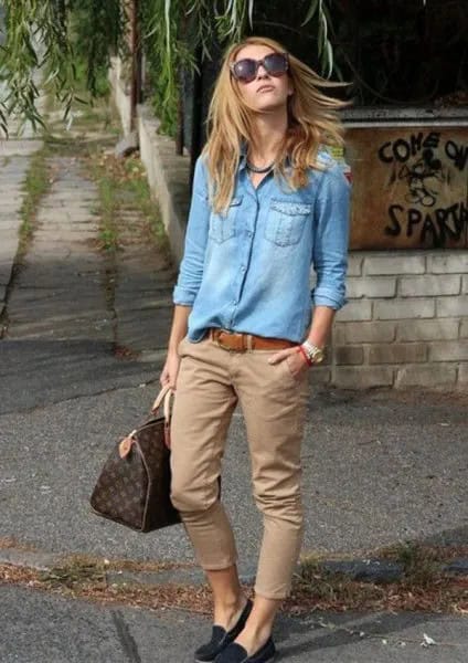 Cropped Chinos with Denim Shirt