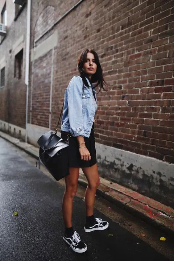 Denim Jacket + Black Sneakers