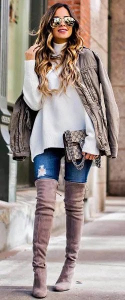 White Chunky Sweater with Light Grey Oversized Leather Jacket & Thigh High Suede Fall Boots