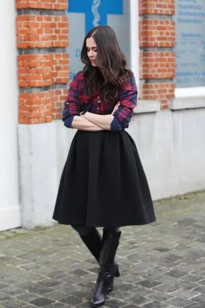 Navy and Red Plaid Boyfriend Shirt with Black Midi Skirt