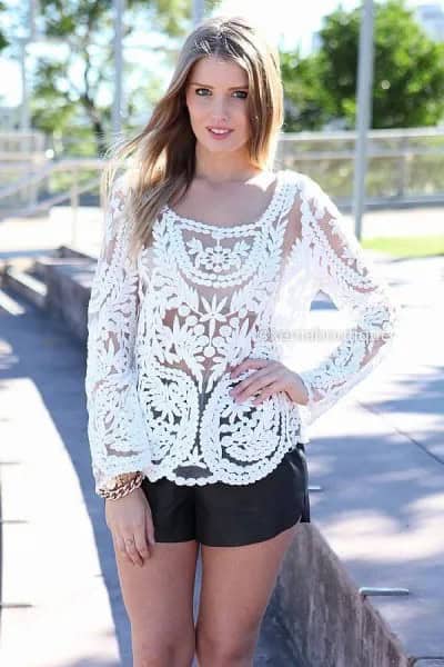 White Lace Top with Black Mini Leather Shorts