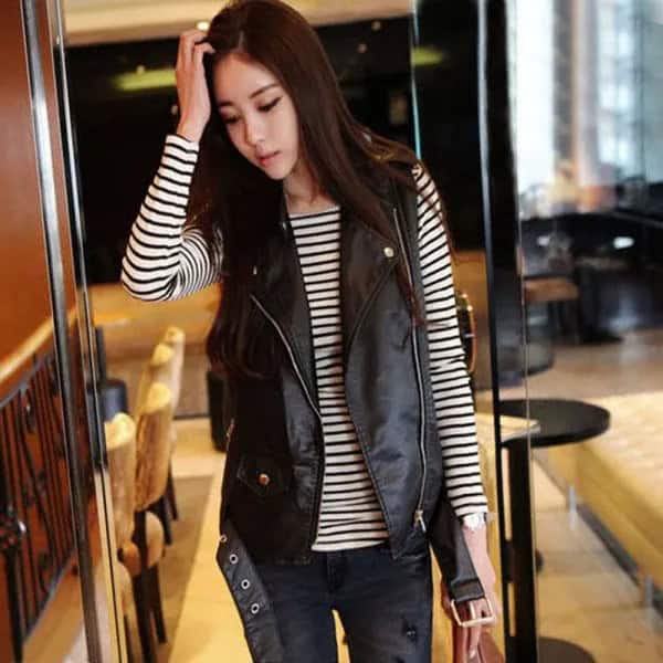 Leather Biker Vest with Black and White Striped Long Sleeve T Shirt