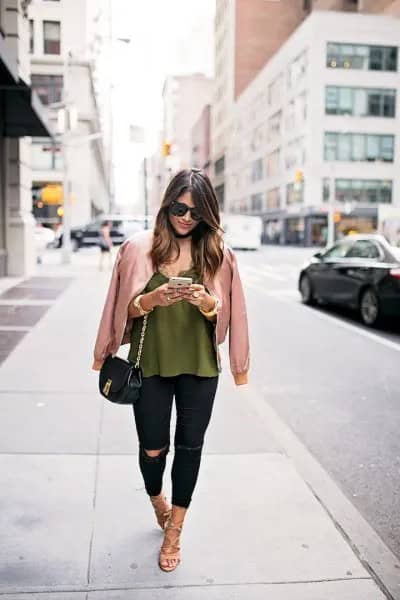 Rose Gold Jacket with Green Vest top & Black Jeans