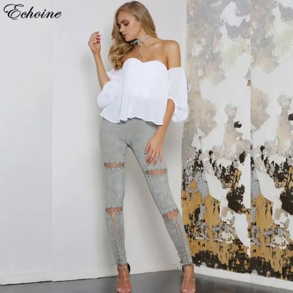 White Off The Shoulder Chiffon Blouse with Grey Skinny Jeans