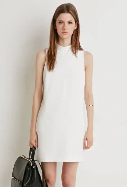 White Mock Neck Shift Dress