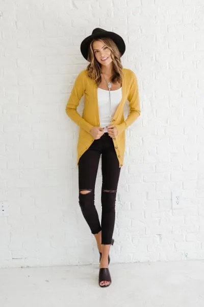 Yellow Cardigan with White Scoop Neck Tank Top & Ripped Skinny Jeans