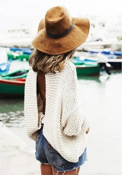 White Long Sleeve Oversized Sweater with Blue Denim Shorts & Floppy Hat