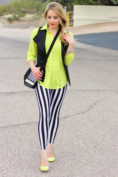 Black and White Striped Leggings with Yellow Button Up Shirt