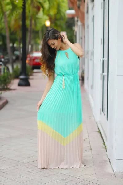 Light Blue and Blush Pink Color Block Keyhole Maxi Dress