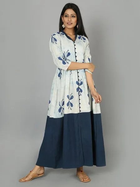 White and Blue Three Quarter Sleeve Flared Maxi Dress