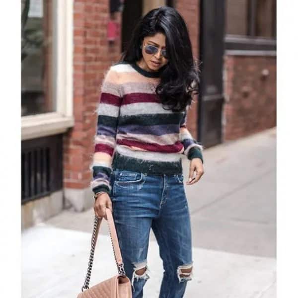 White, Pink and Black Striped Sweater with Destroyed Jeans