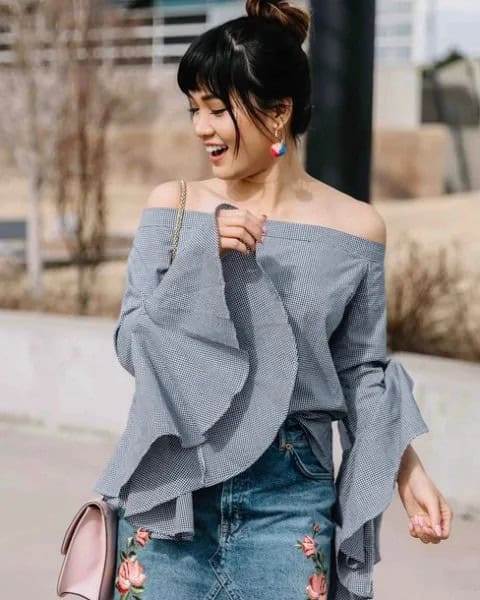 Grey Off The Shoulder Bell Sleeve Top