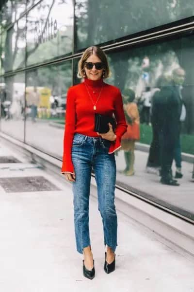 Red Mock Neck Bell Sleeve Jumper with Blue Cropped Straight Leg Jeans