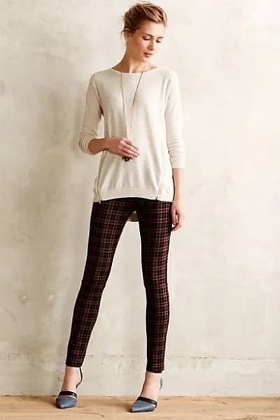 White Fitted Sweater with Green and Black Plaid Ponte Pants