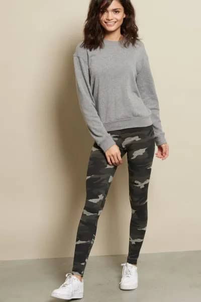 Grey Chunky Sweater with Camo Leggings & White Sneakers