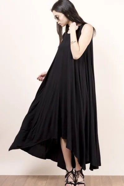 Black Scoop Neck Maxi Flared Dress