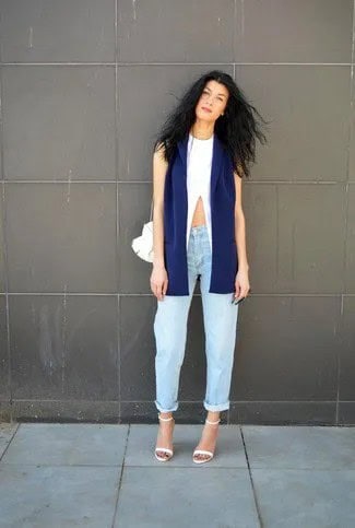 Navy Sleeveless Blazer with White Crop Top & Boyfriend Jeans