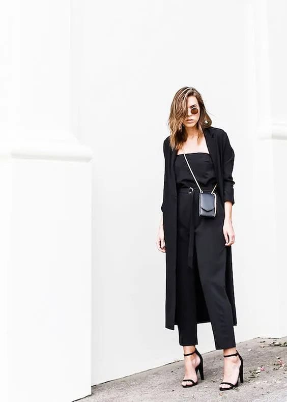 Black Jumpsuit and Black Duster Coat