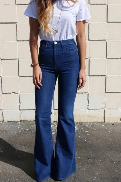 Light Blue T Shirt with High Rise Bell Bottom Jeans