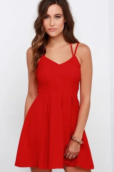 Red Double Strap V Neck Mini Skater Dress