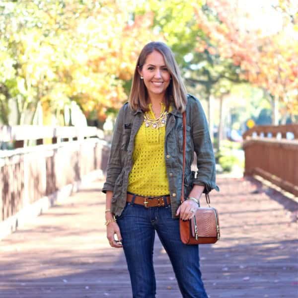 Yellow Cutout Shirt with Grey Chambray Shirt & Dark Jeans