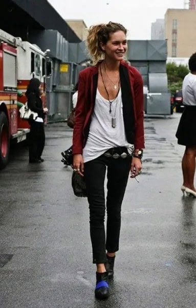 Burgundy Blazer with White Scoop Neck Tank Top & Black Slim Fit Ankle Jeans