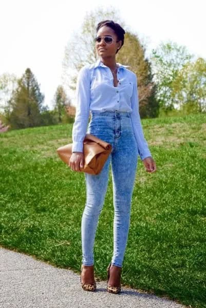 Blue Button Up Shirt with Specially Washed Vintage Jeans