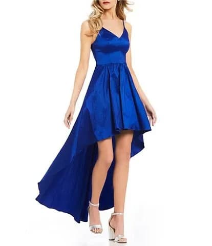 Royal Blue Silk V Neck Fit and Flare High Low Dress