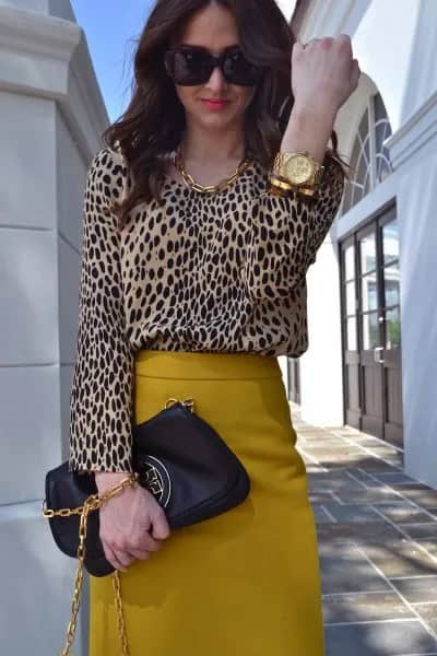 Leopard Print Blouse with High Waisted Mustard Yellow Midi Skirt