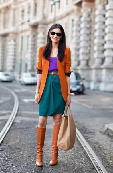 Brown Leather Boots with Lime Green Blazer