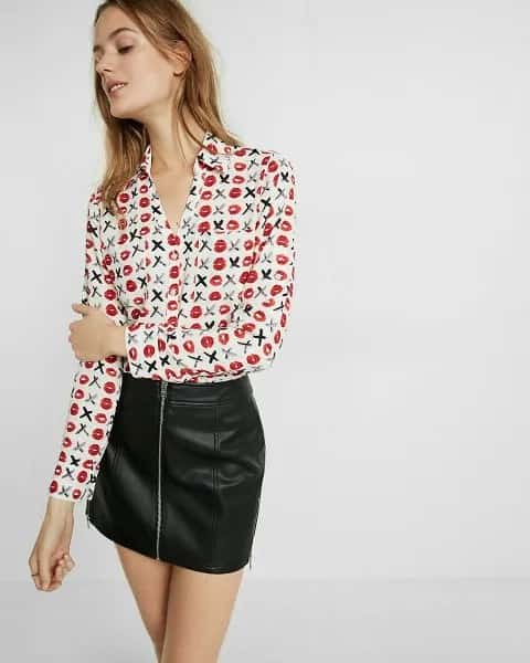 White Printed Button Up Slim Fit Shirt & Black Leather Mini Skirt