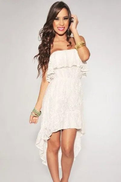 White Ruffle Strapless High Low Lace Dress