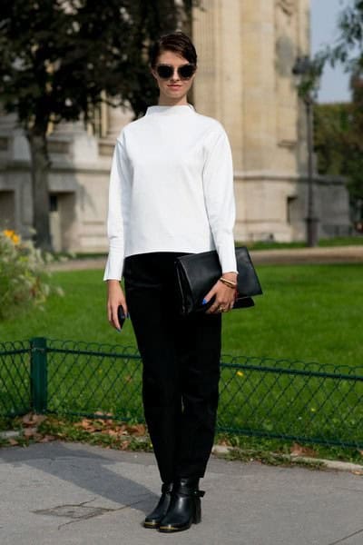 White Mock Neck Sweater with Black Pants