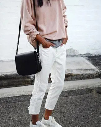 Blush Pink Chunky Sweater with White Boyfriend Jeans