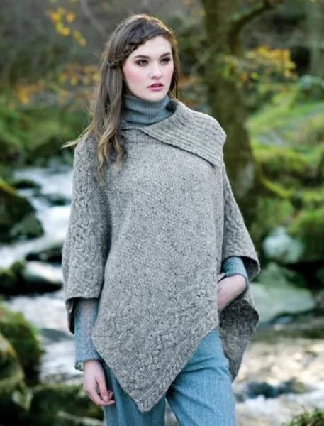 Light Heather Grey Wool Poncho Over Ribbed Knit Sweater