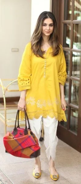 Mustard Tunic Wide Sleeveless Boho Shirt with White Pants