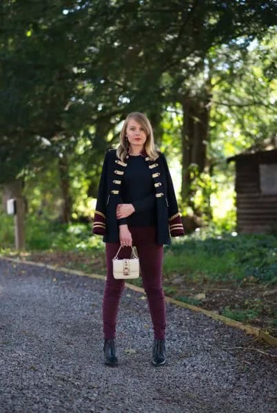 Black Military Blazer with Grey Skinny Jeans & Boots