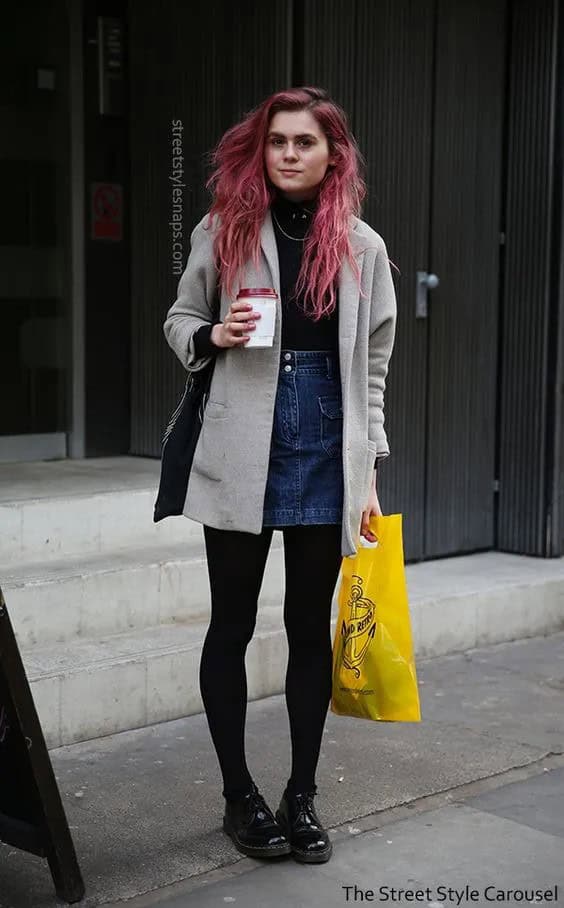 Long or Short Grey Coat + Denim Skirt