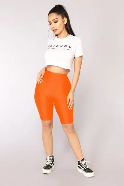 Orange Skinny Shorts & White Cropped T Shirt