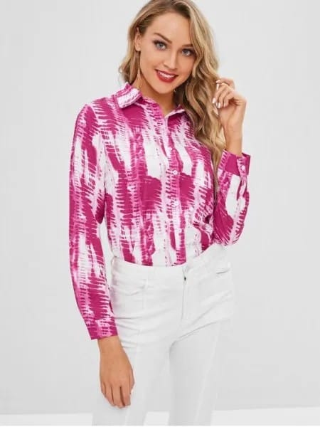 Pink and White Tie Dye Long Sleeve Button Up Shirt with Skinny Jeans