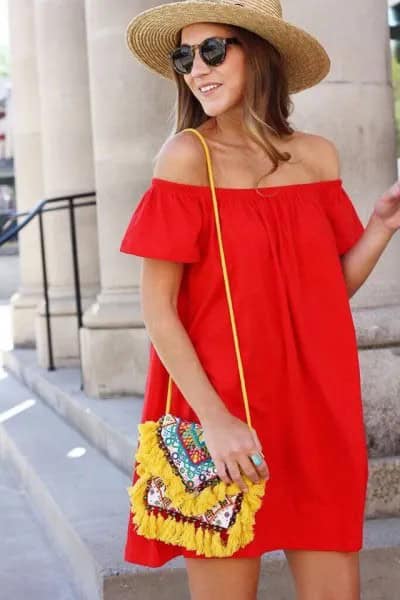 Red Off The Shoulder Blouse Dress with Yellow Tribal Printed Purse