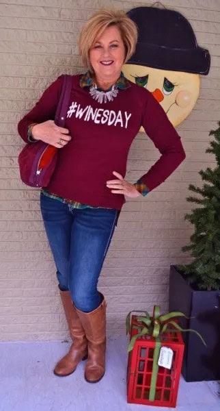 Burgundy Graphic Sweater with Plaid Boyfriend Shirt