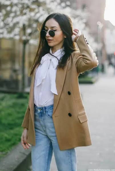 White Bow Blouse with Camel Wool Blazer