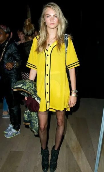 Yellow and Black Printed T Shirt Dress with Stockings & Boots