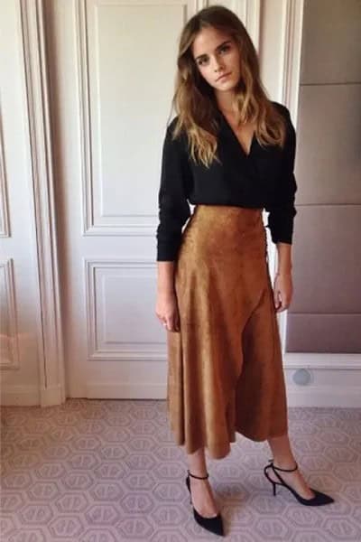 Black V Neck Long Sleeve Blouse with Brown Suede Maxi Flared Skirt