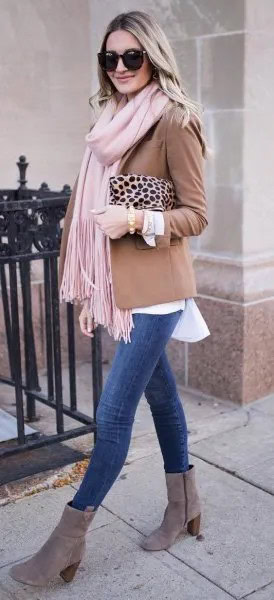 Blush Blazer with White Blouse & Grey Suede Ankle Boots