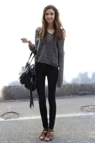 Grey One Shoulder Slouchy Sweater with Black Skinny Jeans